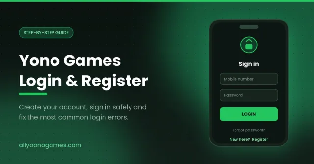 Yono Games login screen on a phone with mobile number, password and login button