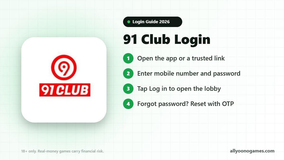 91 Club login steps on a mobile phone